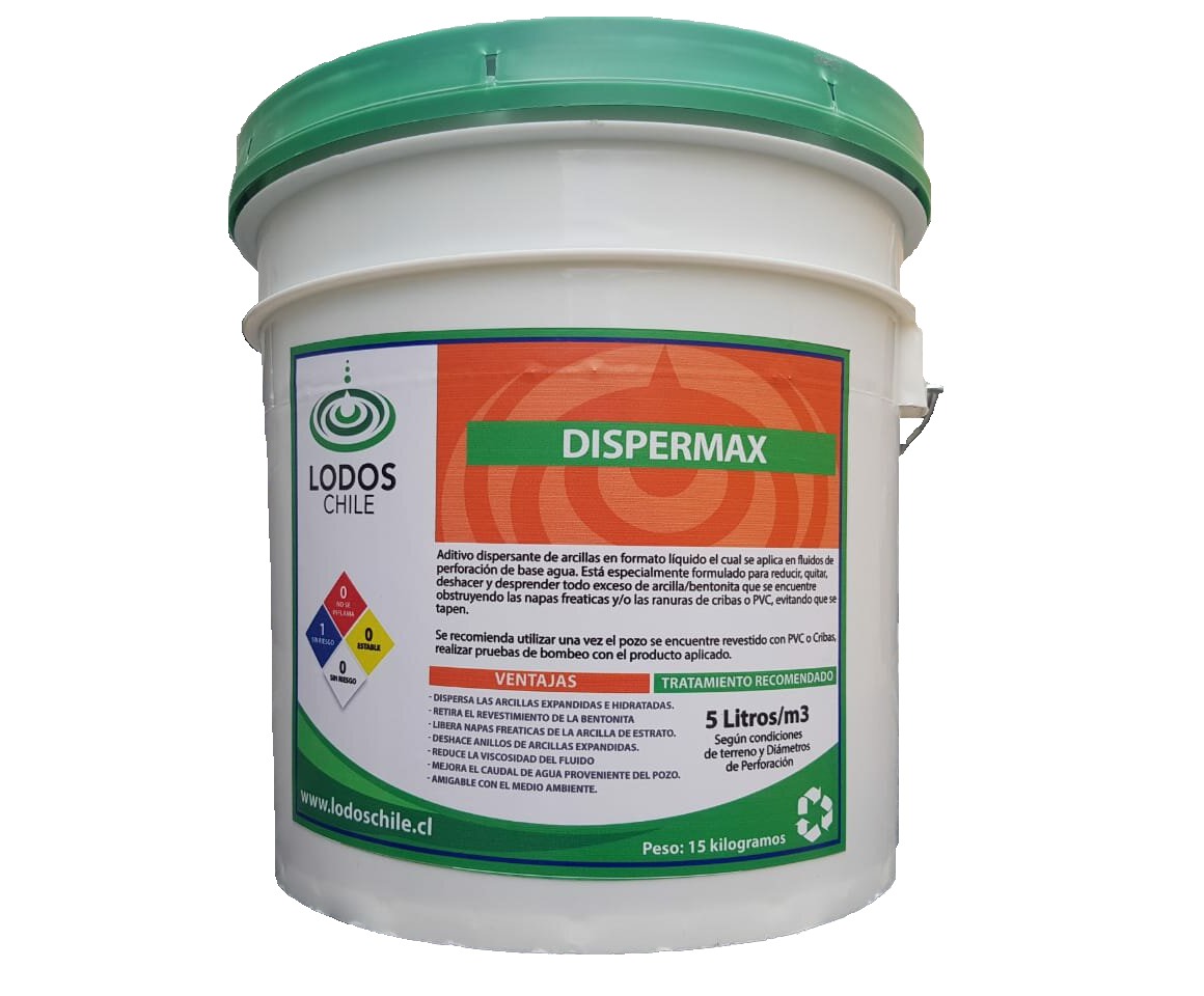 “DISPERMAX”, es un aditivo dispersante de arcillas en formato líquido el cual se aplica en fluidos de perforación de base agua. Está especialmente formulado para reducir, quitar, deshacer y desprender todo exceso de arcilla/bentonita que se encuentre obstruyendo las napas freaticas y/o las ranuras de cribas o PVC, evitando que se tapen. Dispermax además limpia y evita que se tapen con arcilla las pasadas de agua del tricono, martillo y toda la herramienta de la columna de perforación. El producto es degradable y compatible con otros aditivos comúnmente utilizados en perforación. Formato: Balde de 19 kilogramos. Aplicación: Para perforación con rotación (tricono) y con percusión (martillo). Dosificación Recomendada: 3 a 5 litros (dependiendo el diámetro de perforación) en 1000 litros de agua dulce.