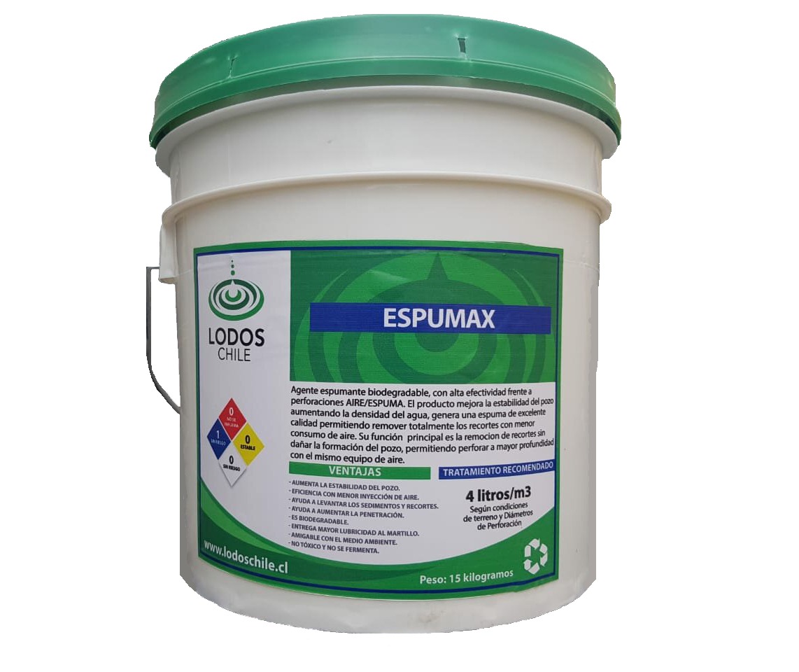 “ESPUMAX” es un agente espumante biodegradable, con alta efectividad frente a perforaciones AIRE/ESPUMA. El producto mejora la estabilidad del pozo al aumentar la densidad del agua, genera una espuma de excelente calidad permitiendo remover totalmente los recortes con menor consumo de aire. Su función principal es la remoción de recortes sin dañar la formación del pozo, permitiendo perforar a mayor profundidad con el mismo equipo de aire. Su aplicación en bajas concentraciones produce una espuma estable y de alta calidad. Formato: Balde de 19 kilogramos. Aplicación: Para perforación con percusión (martillo). Dosificación Recomendada: 3 a 5 litros (dependiendo el diámetro de perforación) en 1000 litros de agua dulce.